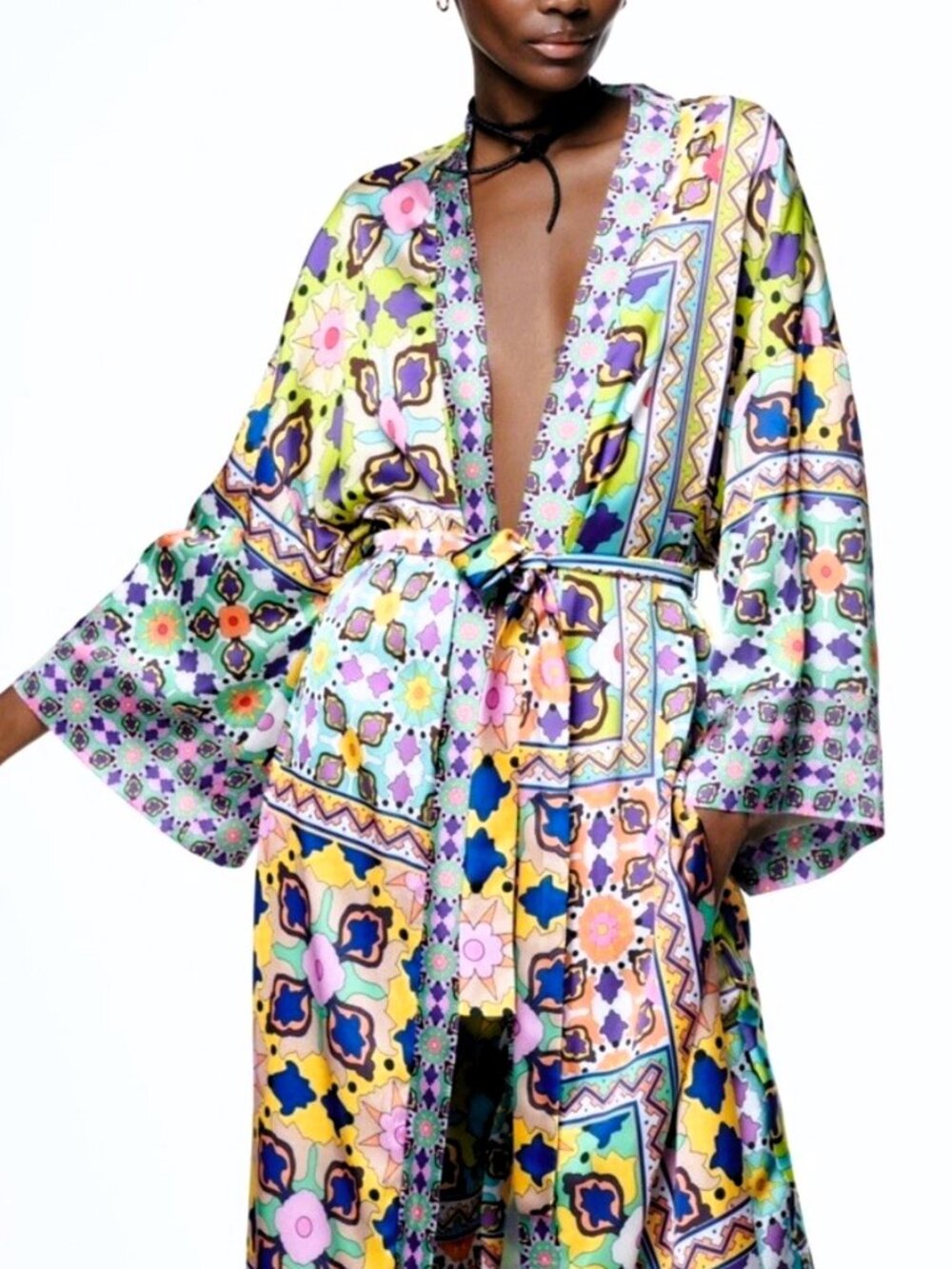 NWT ZARA Multicolored Boho Retro Printed Satin Belted Long Kimono Duster, Sz M